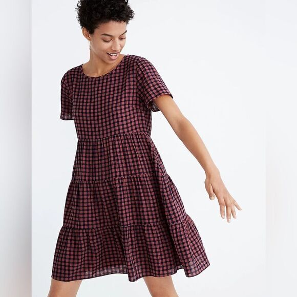 Madewell Short-Sleeve Tiered Mini Dress in Gingham Check - Picture 1 of 10